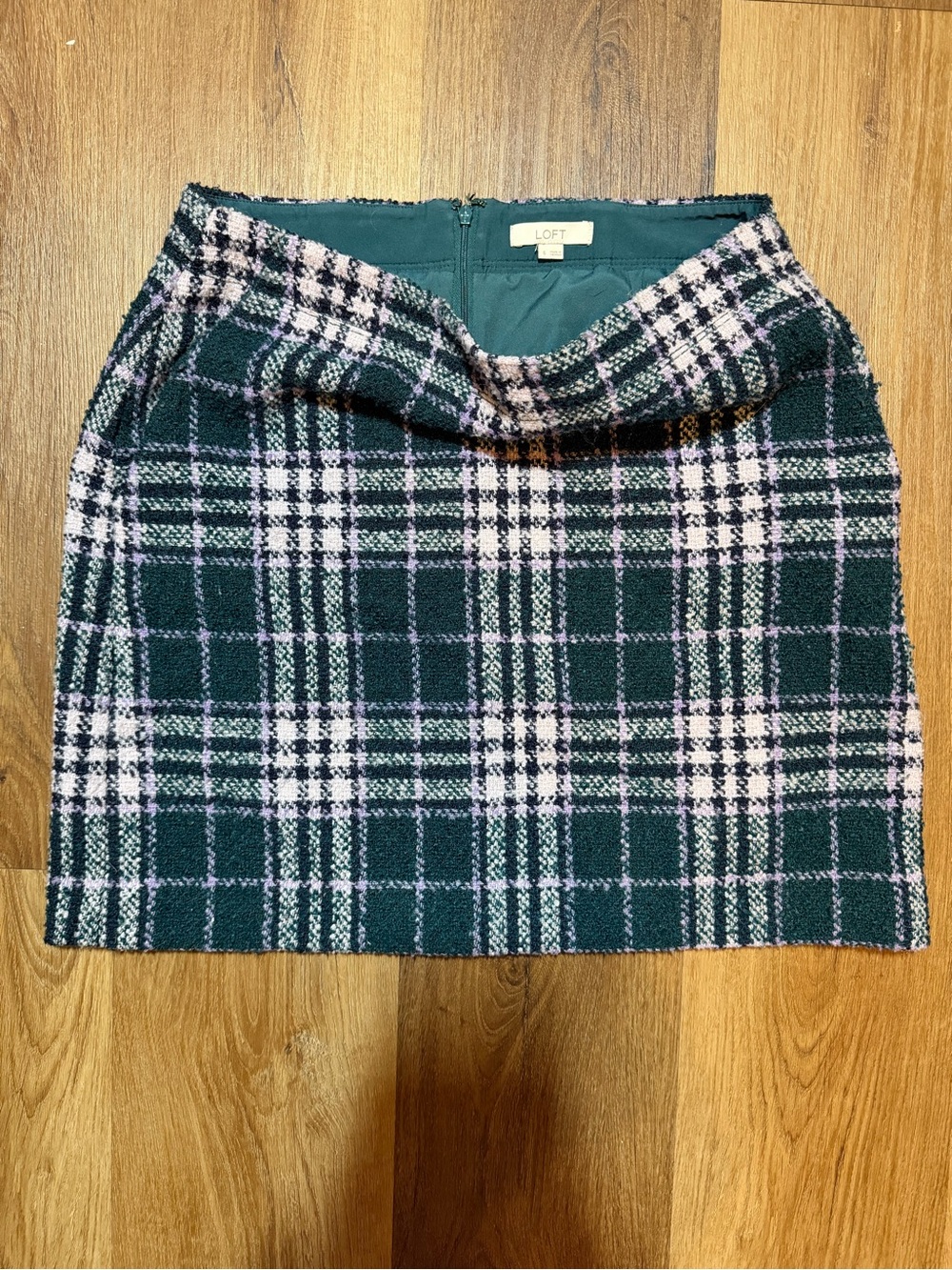 LOFT Dark Green & Light Pink Plaid Tweed Mini Skirt